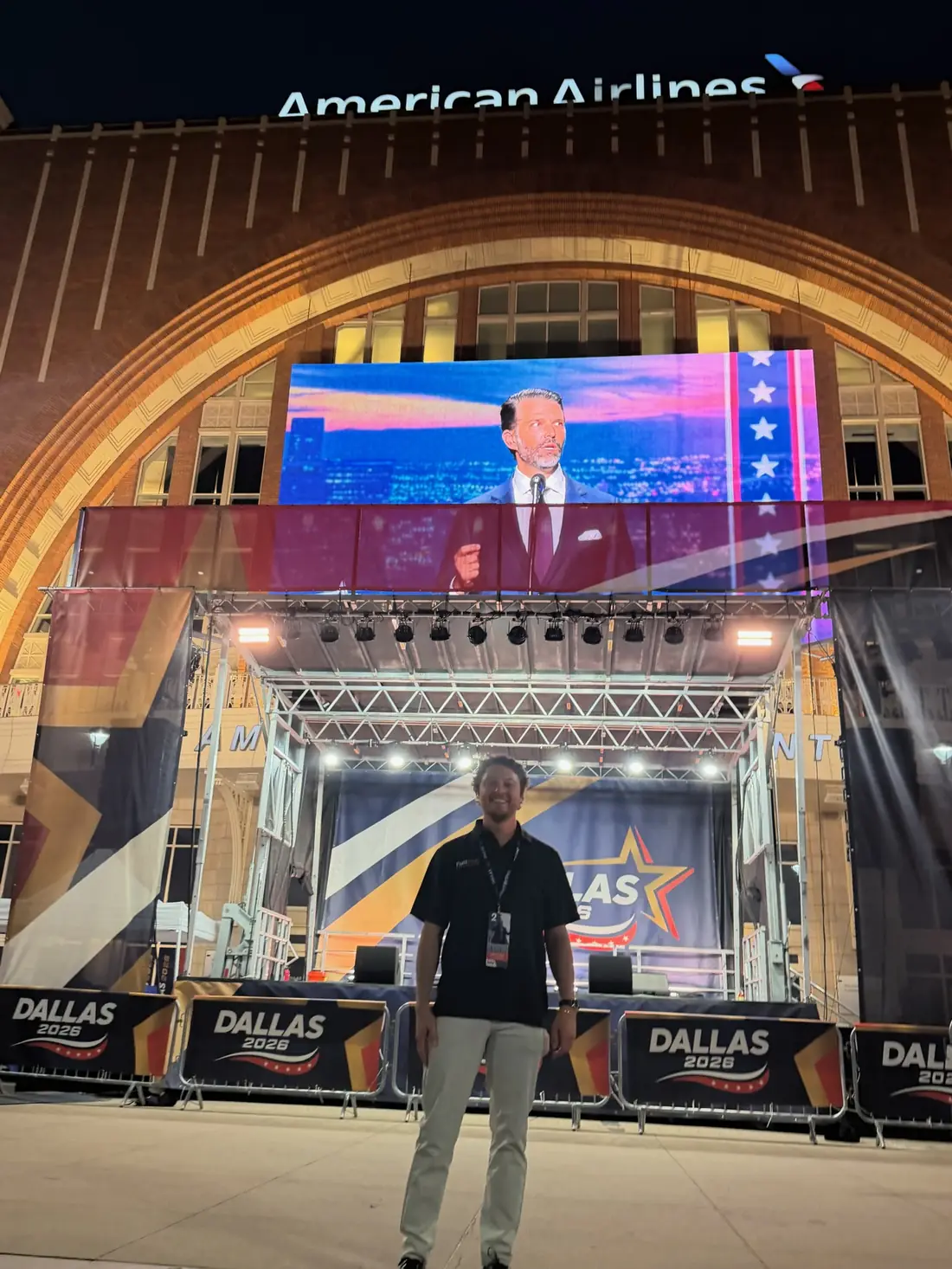 The Dallas 2028 stage at night